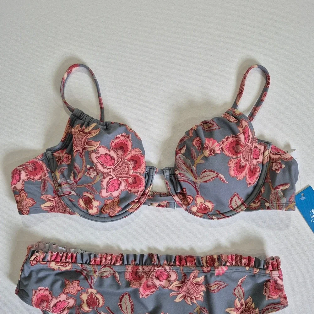 Cupshe Womens Floral Underwire Bikini Set High Waisted Ruffle Grey Pink New‎